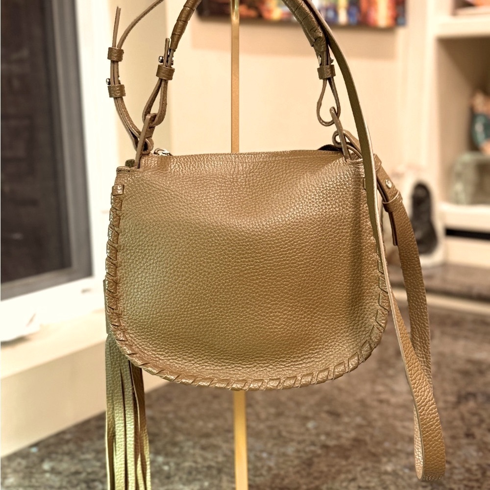 All Saints Toffee Pebbled Leather Crossbody Bag with Tassel
